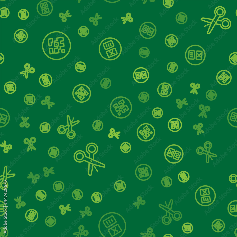 Poster set line qr code, scissors with cut line and temperature wash on seamless pattern. vector
