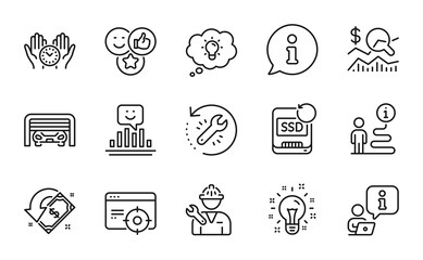 Technology icons set. Included icon as Recovery tool, Safe time, Check investment signs. Parking garage, Energy, Seo targeting symbols. Cashback, Recovery ssd, Like. Smile, Idea, Repairman. Vector