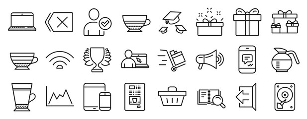 Set of line icons, such as Latte, Wifi, Surprise boxes icons. Diagram, Present box, Remove signs. Hdd, Megaphone, Coffee vending. Push cart, Cappuccino, Message. Mobile devices, Mocha. Vector