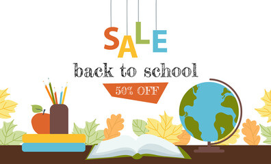 Back to school sale horizontal banner. Discount flyer for school supplies. Flat vector illustration