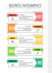 Vector five step line infographic with icons and labels. Modern timeline concept for chart, levels, web, diagram, banner, presentations, business, diagram, flowchart