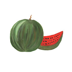 Ripe green and red watermelon hand painted art watercolor