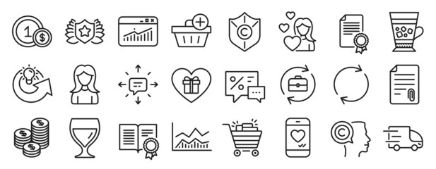 Set of line icons, such as Copyright protection, Share idea, Diploma icons. Romantic gift, Certificate, Writer signs. Full rotation, Sms, Website statistics. Love chat, Coins, Woman. Love. Vector