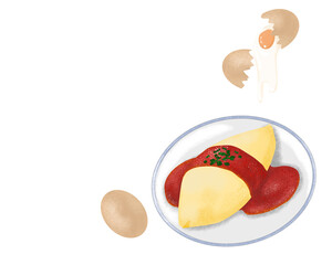 Omurice, Japanese omelette and rice topped with tomato sauce. Isolated Omurice and eggs. Close up asian food vector illustration. Fried rice with fried scrambled eggs. Authentic anime food.