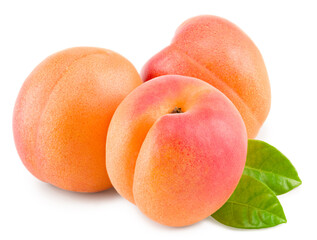 apricot fruits with green leaf isolated on white background. clipping path