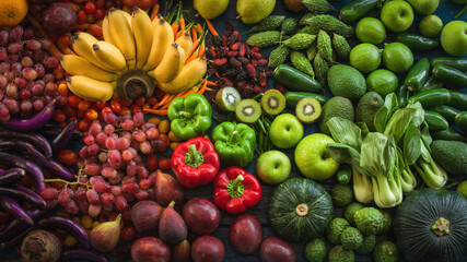 Various vegetables organic, Top view different fresh fruits and vegetables for healthy lifestyle, Many raw produce for eating healthy and dieting