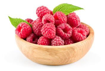 ripe raspberries in wooden bowl isolated on white background. clipping path