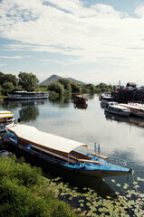 Naklejka premium MONTENEGRO: Scenic landscape view of the mountain river with the boats 