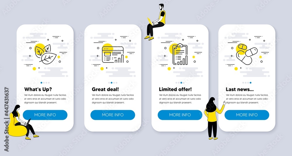 Poster vector set of science icons related to checklist, web report and organic tested icons. ui phone app 