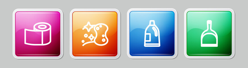 Set line Toilet paper roll, Sponge, Bottle for cleaning agent and Dustpan. Colorful square button. Vector