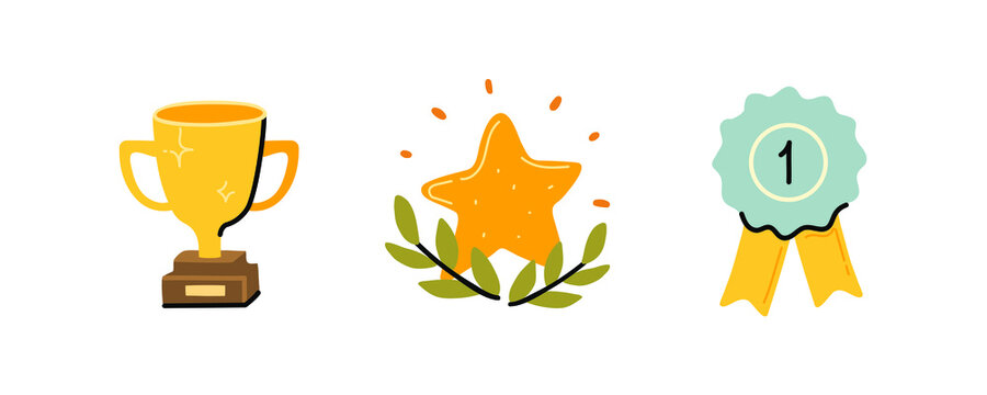 Modern collection of champion symbols: cup, star with laurel and medal. Colorful set of cartoon illustrations on a white background. Isolated vector icon set, EPS10