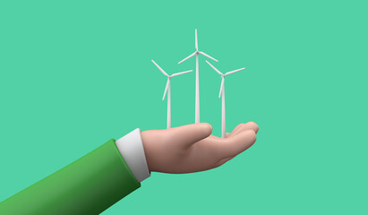 Hand holding a sustainable green energy wind turbine. 3D Render