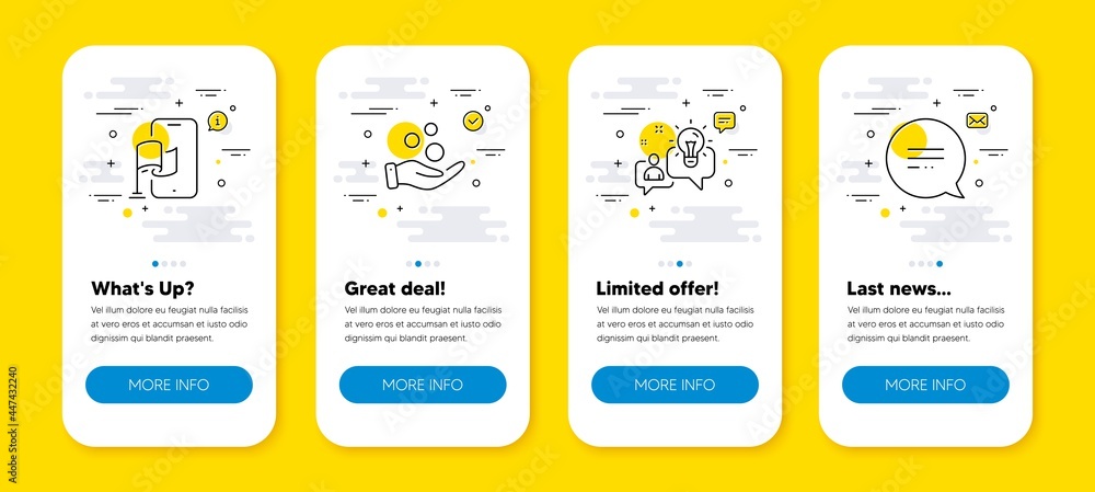 Poster vector set of donation money, idea and location app line icons set. ui phone app screens with line i