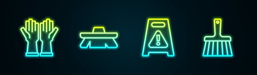 Set line Rubber gloves, Brush for cleaning, Wet floor and Handle broom. Glowing neon icon. Vector