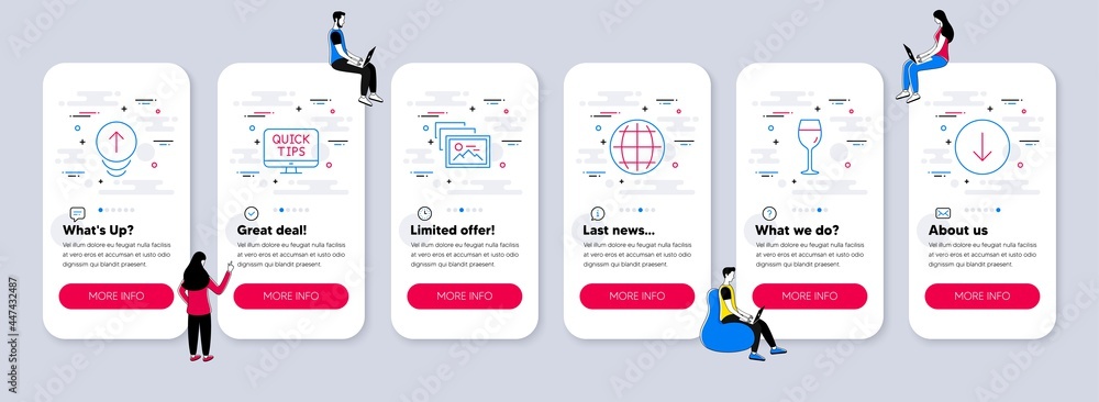 Poster vector set of business icons related to swipe up, globe and web tutorials icons. ui phone app screen