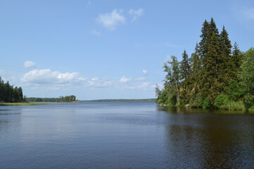 Fototapeta na wymiar Quiet lake view, blue sky, natural background, wild park with lake in russia
