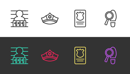 Set line Suspect criminal, Police cap with cockade, badge id case and Footsteps on black and white. Vector