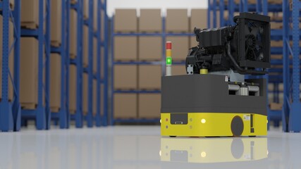 Factory 4.0 concept: The AGV (Automated guided vehicle) is carrying engine in smart factory. 3D illustration