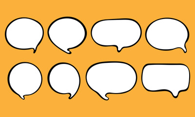 Set of speech bubble text, chatting box, message box outline cartoon vector illustration design. Balloon doodle style of thinking sign symbol.