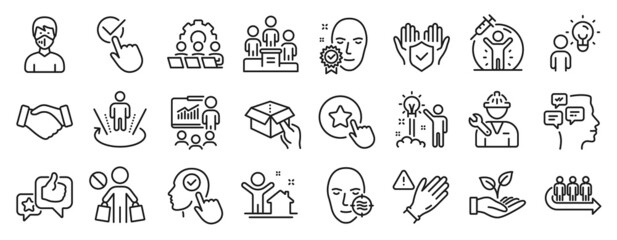 Fototapeta na wymiar Set of People icons, such as Loyalty star, Group people, Helping hand icons. Hold box, Business podium, Use gloves signs. Messages, Checkbox, Repairman. Select user, Handshake, Teamwork. Vector