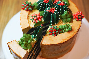 chocolate cake  decorated in the shape of a cactus pot