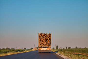 Firewood truck driving on the highway