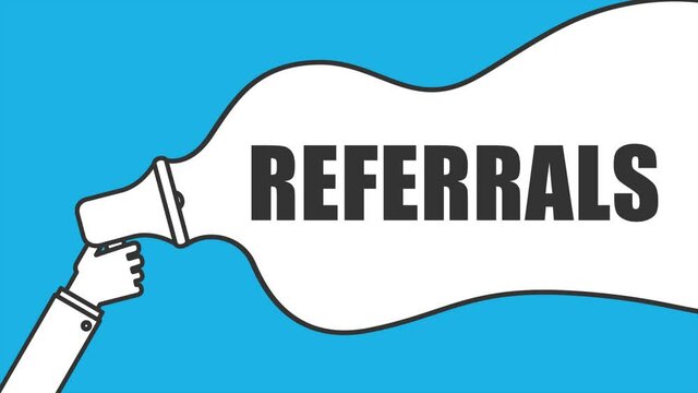 Referrals text with megaphone, animated banner in flat style. Motion graphics.