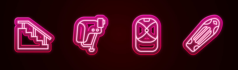Set line Skateboard stairs with rail, helmet, Baseball cap and deck. Glowing neon icon. Vector