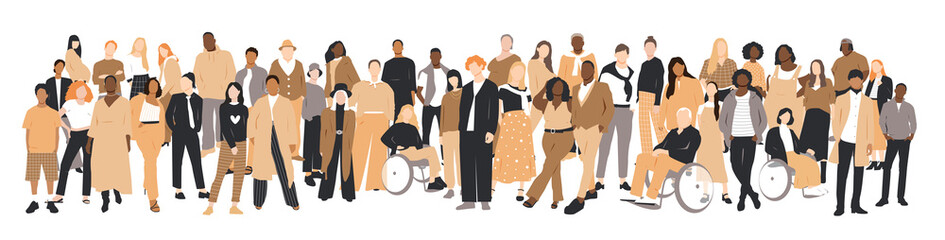 People of different ethnicities stand side by side together. Flat vector illustration.