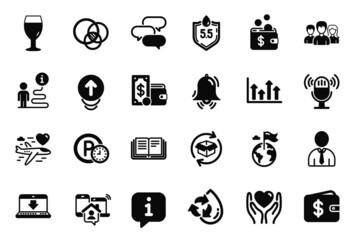 Vector Set of Business icons related to Work home, Human and Teamwork icons. Internet downloading, Hold heart and Parking time signs. Upper arrows, Clock bell and Honeymoon travel. Vector