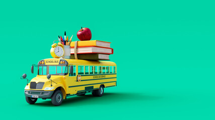 School bus arriving with school accessories and books on green background 3D Rendering, 3D Illustration - obrazy, fototapety, plakaty