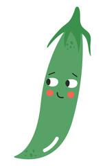 Cute and funny cartoon pea pod with face expression. Healthy food doodle vegetable vector illustration. Harvest object in flat style showing emotions. Ingredient for salad