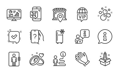 Business icons set. Included icon as Startup, Ask question, Refrigerator signs. Vip internet, Elevator, Clapping hands symbols. Flight mode, Marriage rings, Clean bubbles. Market location. Vector