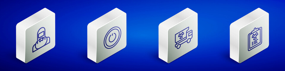 Set Isometric line Nuclear reactor worker, Power button, Truck with radiation materials and Radiation warning document icon. Vector