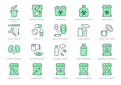 Medical Waste Devices Line Icons. Vector Illustration Include Icon - Glove, Mask, Biomedical, Toxic, Chemical, Syringe Outline Pictogram For Hazard Trash. Green Color, Editable Stroke