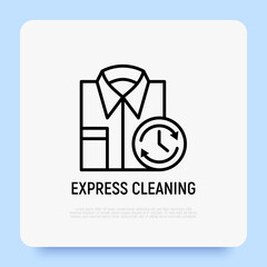 Express cleaning: folded shirt with timer. Laundry service. Thin line icon. Modern vector illustration.