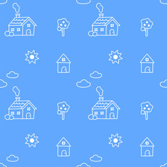 White Outline Flat Cute Doodle Minimal House  Vector Pattern Design Blue Background Editable Stroke. Cartoon Illustration Cloth, Picnic Mat, Fabric pattern, Textile, Tile, Scarf, Wrapping Paper.