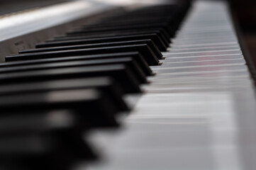 Blurred background. Black and white piano keys close up frontal view, classical musical instrument