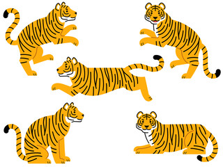 虎のポーズイラストセット（立ち上がる、走る、座る、伏せる）