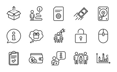 Line icons set. Included icon as Survey results, Checklist, File settings signs. Computer mouse, Fast payment, Brand ambassador symbols. Hdd, Gift dream, Lock. Partnership, Send box. Vector