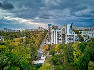 Fototapeta na wymiar Aerial view of the city at sunset. Beautiful autumn city landscape. Kishinev, Moldova republic of.