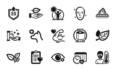 Vector set of Toilet paper, Health skin and Ph neutral icons simple set. Leaf dew, Skin care and Veterinary clinic icons. Cardio calendar, Washing hands and Leaf signs. Vector