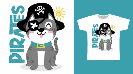Pirates cat illustration t-shirt design vector concept.