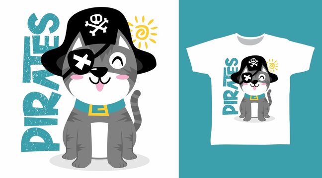 Pirates cat illustration t-shirt design vector concept.
