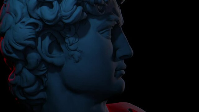 3d rendering of Michelangelo's famous David Renaissance sculpture in artistic red and blue light