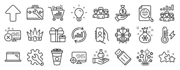 Set of Business icons, such as Chemistry lab, Fireworks stars, Teamwork icons. Ferris wheel, Teamwork results, User call signs. Electricity power, Crown, Usb flash. Takeaway coffee, Laptop. Vector