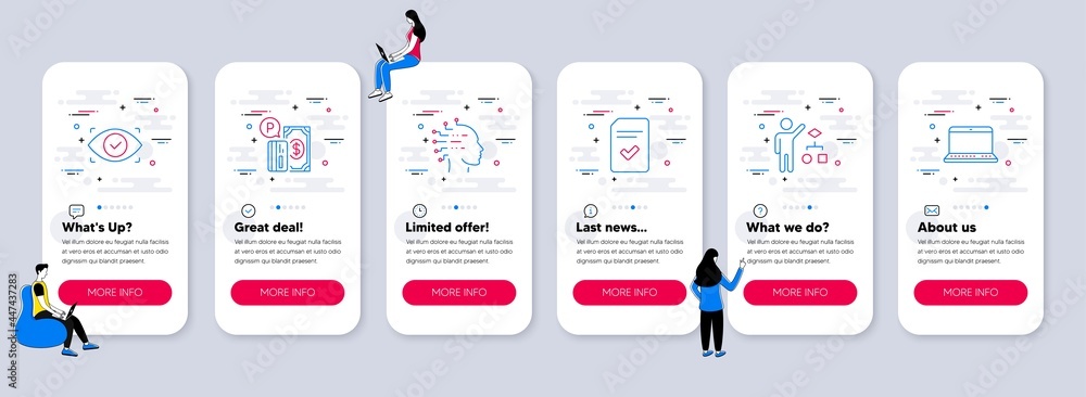 Poster set of technology icons, such as artificial intelligence, algorithm, parking payment icons. ui phone