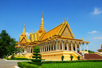 Beautiful scenic view of golden Royal palace at morning in Phnom Penh (Pnom Penh) - the capital of Cambodia, Indochina