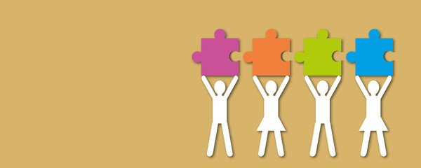 Group of business people holding jigsaw puzzle on brown background, Teamwork or unity concept, paper cut design style.