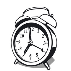 Classic alarm clock. High contrast black and white vector illustration with shadow isolated on white background